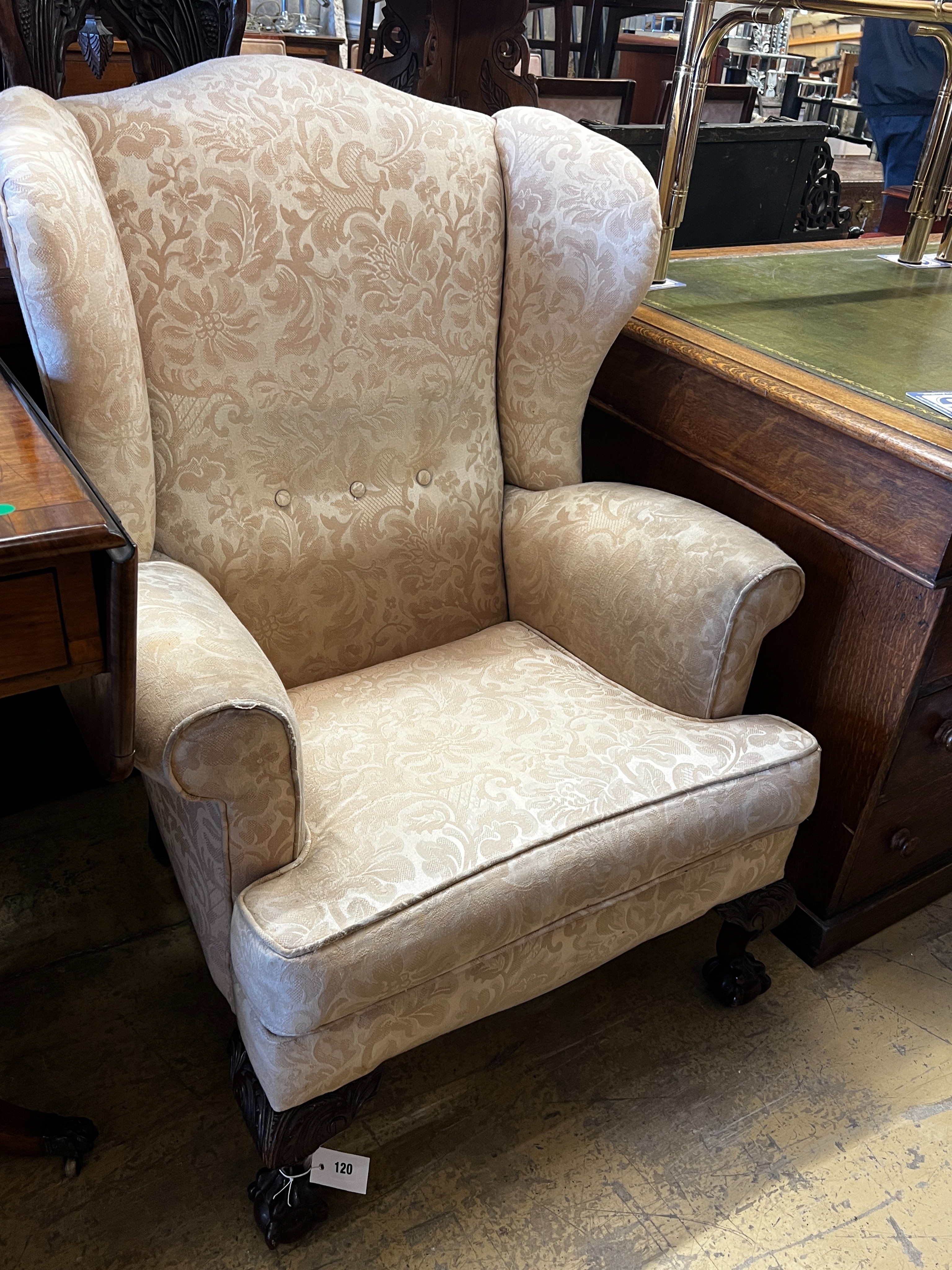 An early 20th century George III style upholstered armchair, width 80cm, depth 74cm, height 104cm